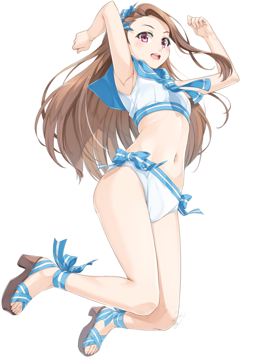 1girl armpits arms_up bare_arms bare_shoulders bikini blue_bow blue_neckwear blue_sailor_collar blush bow breasts brown_footwear brown_hair commentary_request full_body high_heels idolmaster idolmaster_(classic) long_hair minase_iori miri_(ago550421) navel open_mouth sailor_bikini sailor_collar sailor_swimsuit_(idolmaster) sandals simple_background small_breasts solo striped striped_bow swimsuit upper_teeth very_long_hair violet_eyes white_background white_bikini