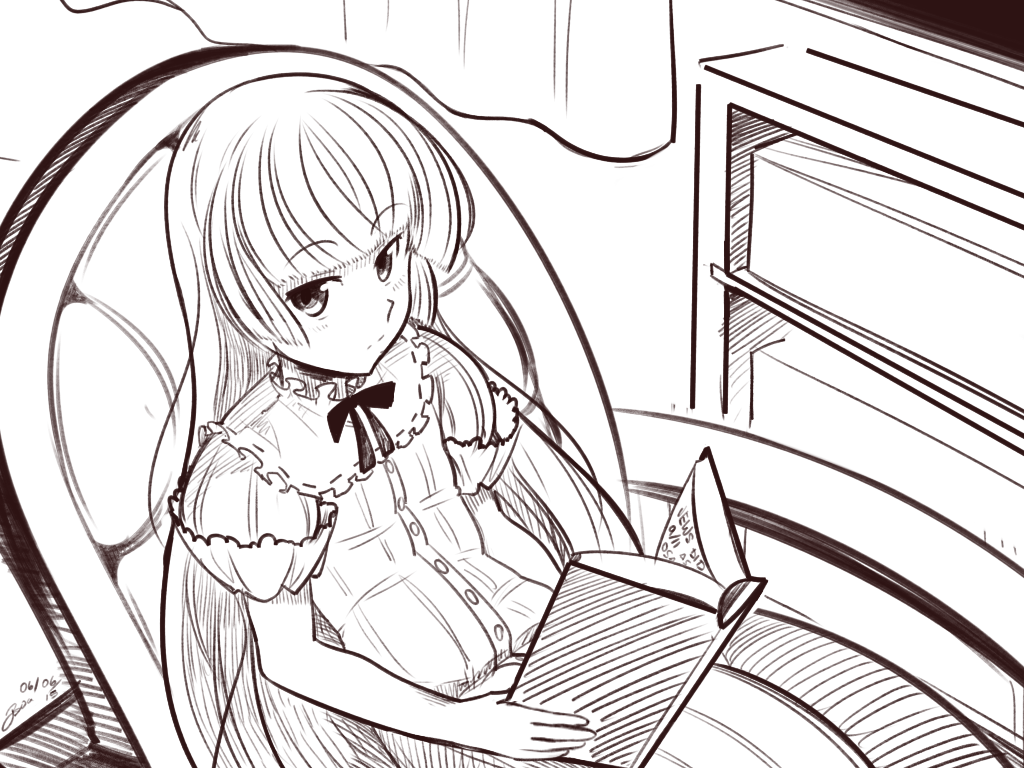 1girl boa_(brianoa) book chair closed_mouth dress gosick greyscale long_hair looking_at_viewer monochrome solo victorica_de_blois