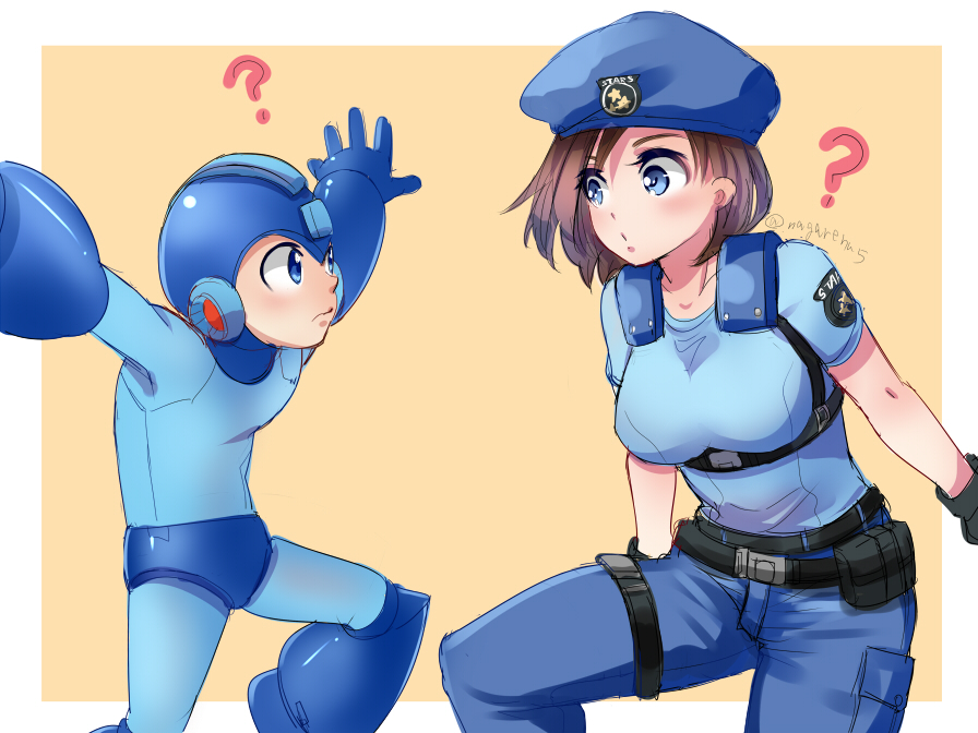 1boy 1girl android blue_eyes blush breasts brown_hair capcom company_connection female_service_cap fingerless_gloves gloves hat helmet jill_valentine nagare police police_badge police_hat police_uniform policewoman resident_evil robot rockman rockman_(character) rockman_(classic) short_hair uniform
