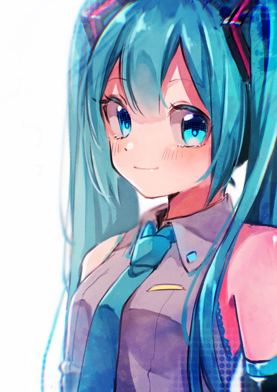 1girl bangs black_sleeves blue_eyes blue_hair blue_neckwear breasts closed_mouth collared_shirt detached_sleeves eyebrows_visible_through_hair grey_shirt hair_between_eyes hatsune_miku long_hair necktie nuko_0108 shiny shiny_hair shirt sleeveless sleeveless_shirt small_breasts smile solo upper_body very_long_hair vocaloid white_background wing_collar