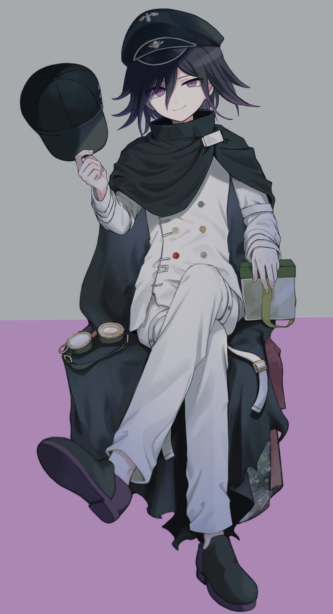 1boy bangs black_cape black_footwear black_hair black_headwear borrowed_garments box cape checkered checkered_scarf crossed_legs dangan_ronpa_(series) dangan_ronpa_v3:_killing_harmony full_body goggles goggles_removed hair_between_eyes hand_up hat hat_removed headwear_removed highres holding holding_clothes holding_hat jacket lolowv long_sleeves looking_at_viewer male_focus ouma_kokichi pants peaked_cap pink_background pink_eyes purple_hair scarf shoes short_hair sitting smile solo straitjacket torn_cape torn_clothes violet_eyes