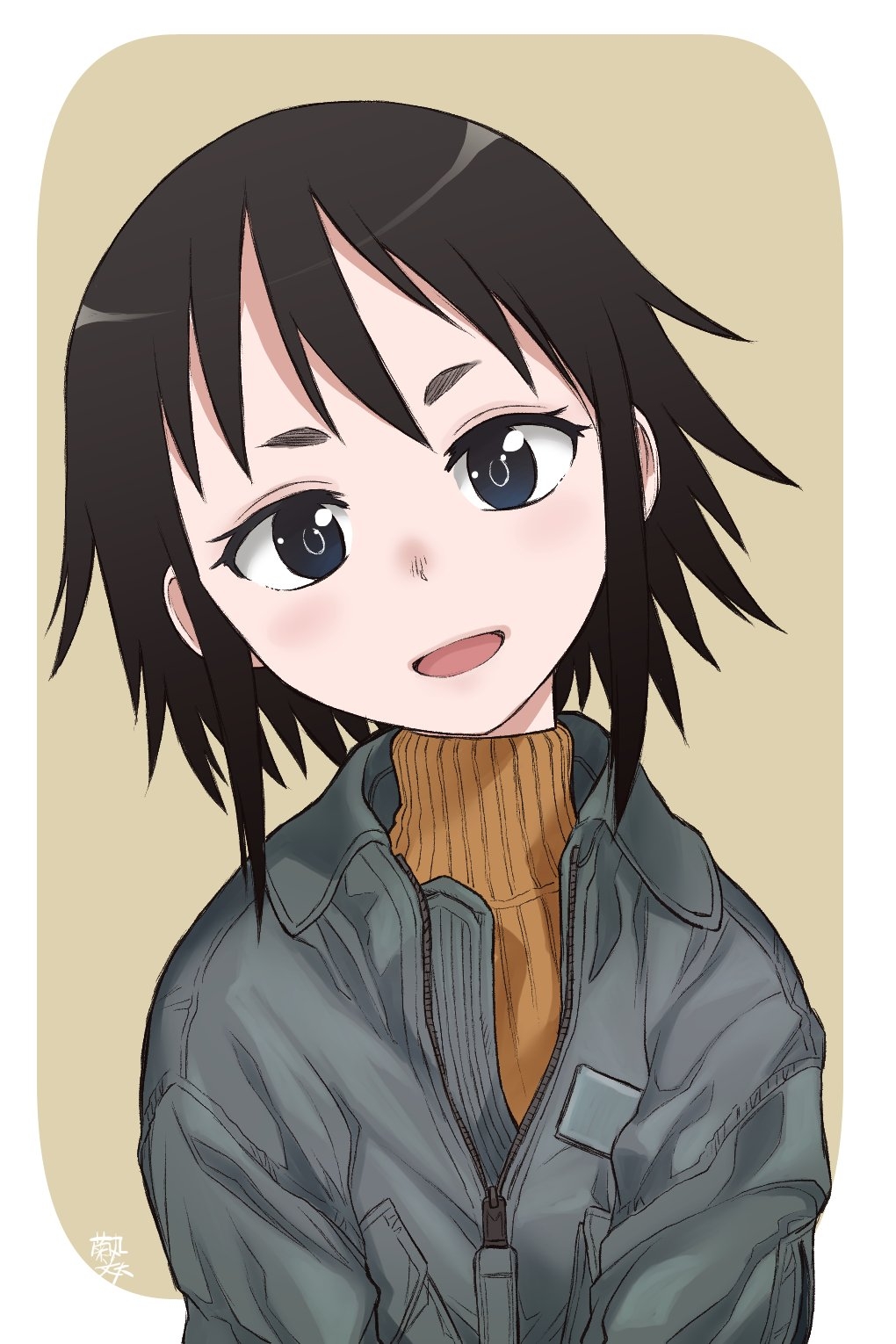 1girl :d artist_name bangs black_eyes black_hair brown_background brown_sweater green_jacket head_tilt highres jacket kagawa_rin kikumaru_bunta looking_at_viewer open_mouth outside_border short_hair signature smile solo soredemo_ayumu_wa_yosetekuru sweater thick_eyebrows turtleneck turtleneck_sweater upper_body