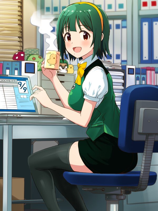 1girl bad_id bad_twitter_id bangs black_legwear black_skirt blinds bow bowtie chair coffee_mug computer cup desk dress_shirt eyebrows_visible_through_hair green_hair green_vest hairband holding holding_cup idolmaster idolmaster_(classic) indoors laptop looking_at_viewer looking_back miniskirt mole mole_under_mouth mug office_chair office_lady open_mouth otonashi_kotori pencil_skirt puffy_short_sleeves puffy_sleeves shirt short_hair short_sleeves sitting skirt smile solo steam thigh-highs vest white_shirt window yellow_hairband yellow_neckwear