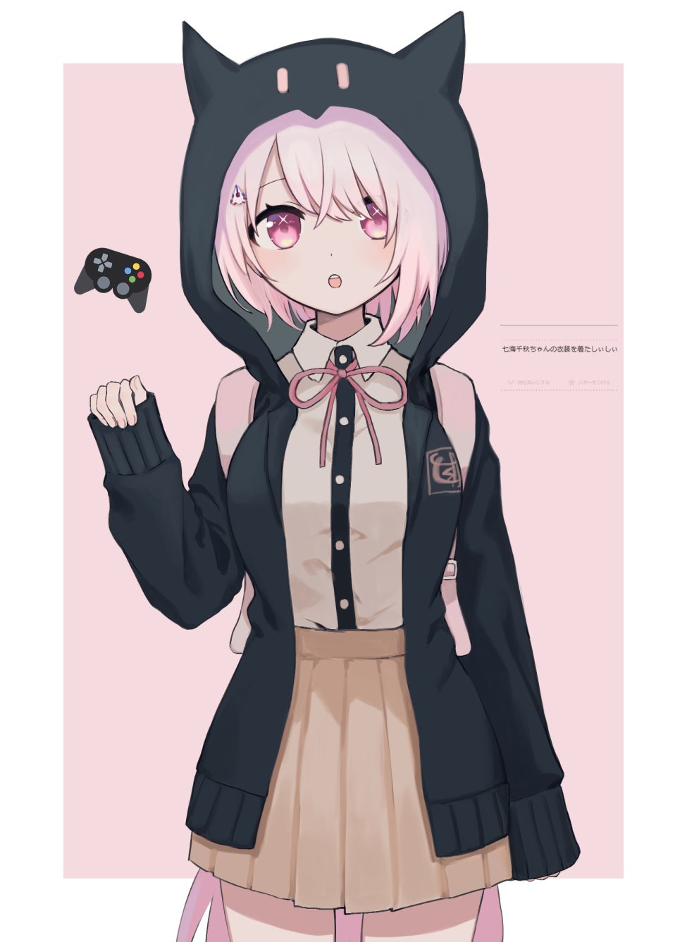 1girl :o animal_hood backpack bag bangs black_jacket black_legwear black_shirt breasts brown_skirt cat_hood character_request collared_shirt controller copyright_request cosplay cowboy_shot dangan_ronpa_(series) dangan_ronpa_2:_goodbye_despair dress_shirt game_controller hair_ornament highres hood hooded_jacket jacket large_breasts lolowv long_sleeves looking_at_viewer nanami_chiaki nanami_chiaki_(cosplay) neck_ribbon open_mouth pink_background pink_eyes pink_ribbon pleated_skirt ribbon shirt shirt_tucked_in short_hair skirt sleeves_past_wrists smile solo spaceship_hair_ornament translation_request upper_teeth white_background white_hair white_shirt