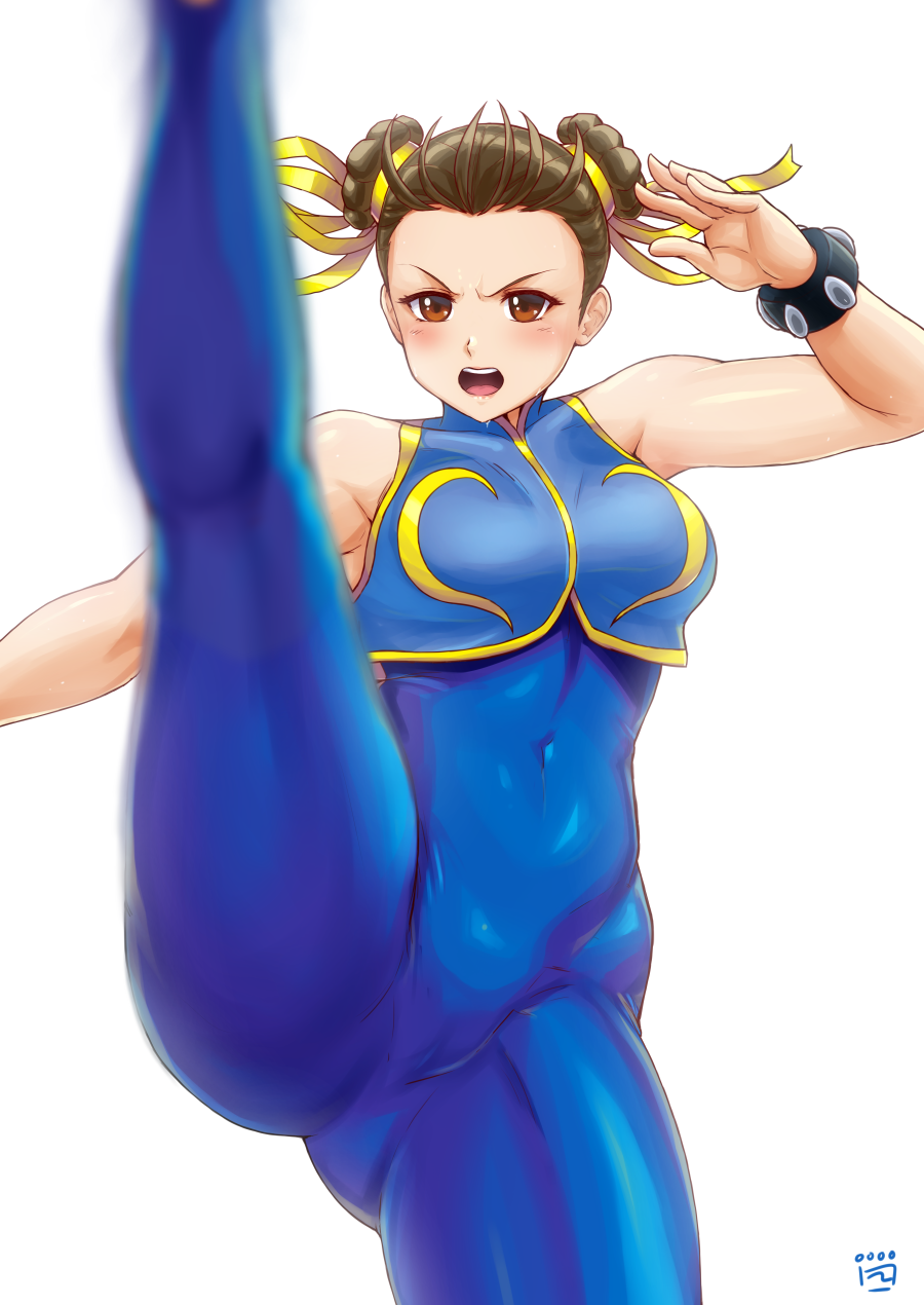 1girl armpits bare_arms bare_shoulders black_hair blue_bodysuit blue_dress bodysuit brown_eyes brown_hair bun_cover china_dress chinese_clothes chun-li double_bun dress finalcake hair_pulled_back highres open_mouth short_hair side_slit skin_tight spread_legs street_fighter street_fighter_zero_(series)