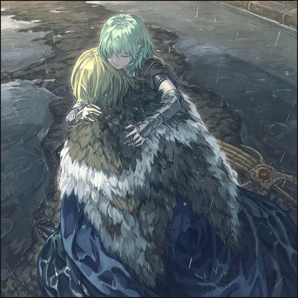 1boy 1girl arm_around_neck bangs blonde_hair blue_cape byleth_(fire_emblem) byleth_eisner_(female) cape closed_eyes closed_mouth dimitri_alexandre_blaiddyd fire_emblem fire_emblem:_three_houses from_behind green_hair hair_between_eyes harusame_(rueken) long_hair outdoors rain shiny shiny_hair sword weapon