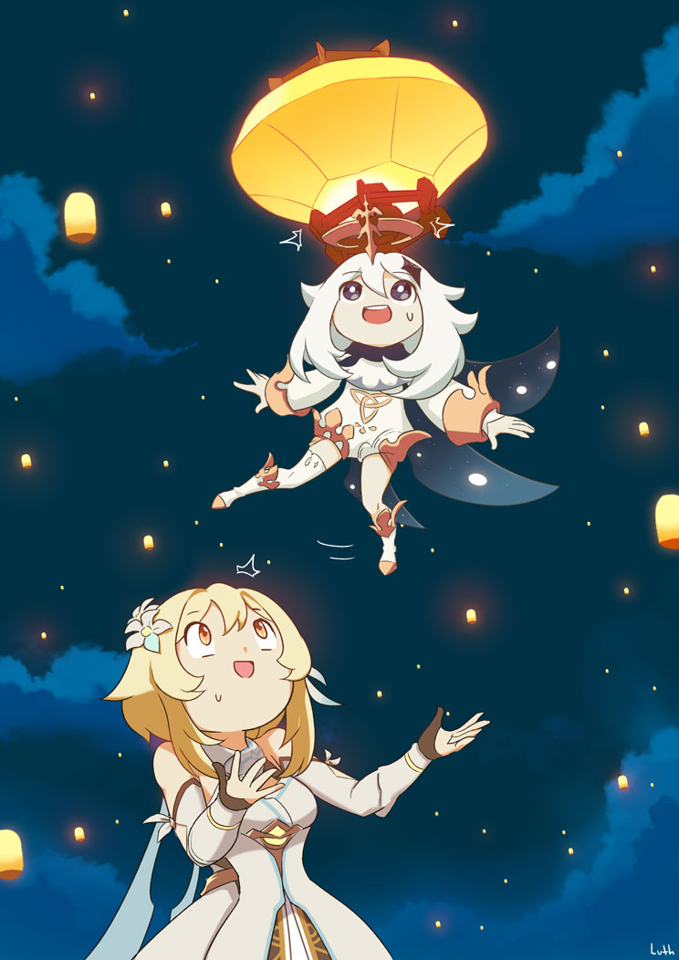 2girls :d ^^^ asymmetrical_legwear bare_shoulders blonde_hair blue_sky child clouds dress genshin_impact lumine_(genshin_impact) lutherniel multiple_girls night open_mouth outdoors paimon_(genshin_impact) red_eyes sky sky_lantern smile white_dress white_legwear