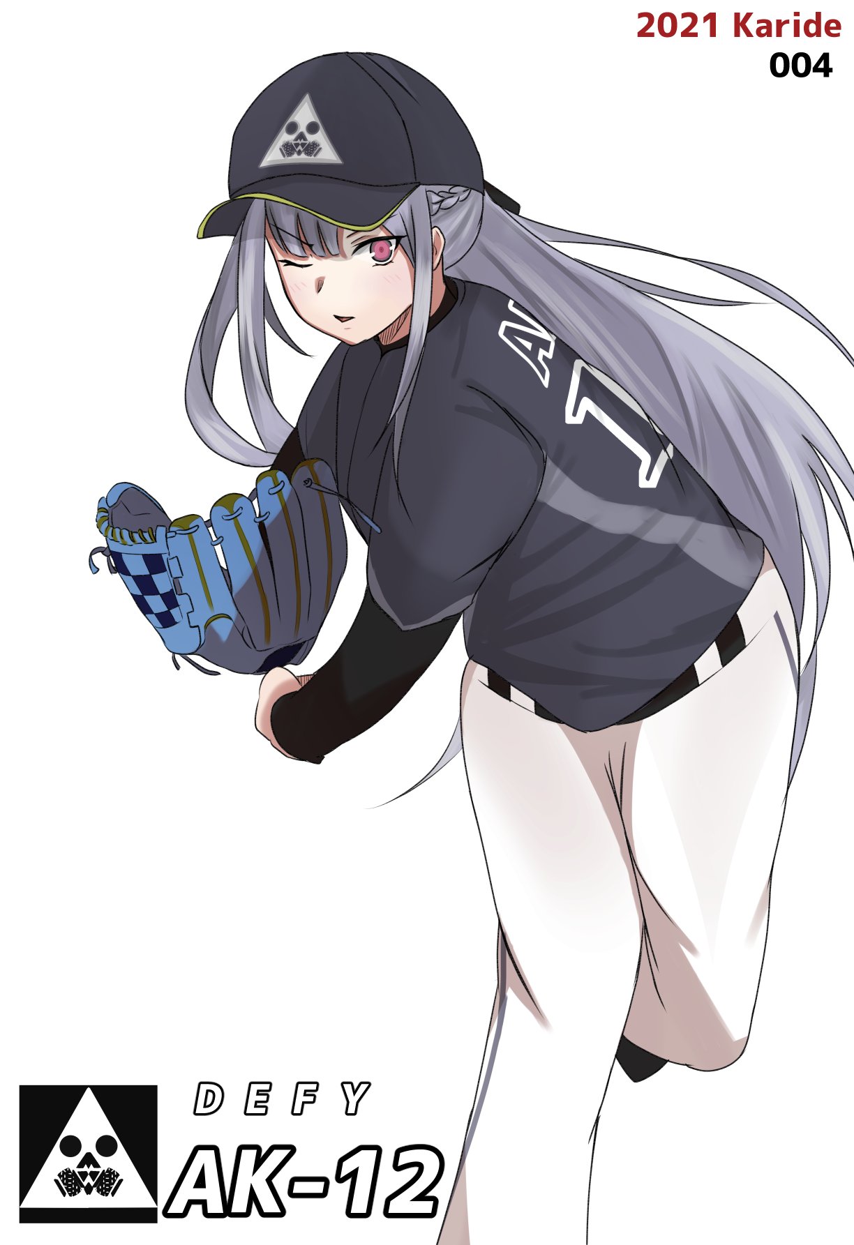 1girl 2021 ak-12_(girls_frontline) artist_name baseball baseball_cap baseball_mitt baseball_uniform black_headwear braid character_name defy_(girls_frontline) eyebrows_visible_through_hair french_braid girls_frontline hat highres long_hair looking_at_viewer one_eye_closed open_mouth pants silver_hair solo sportswear standing standing_on_one_leg taishi_karibe violet_eyes white_background white_pants