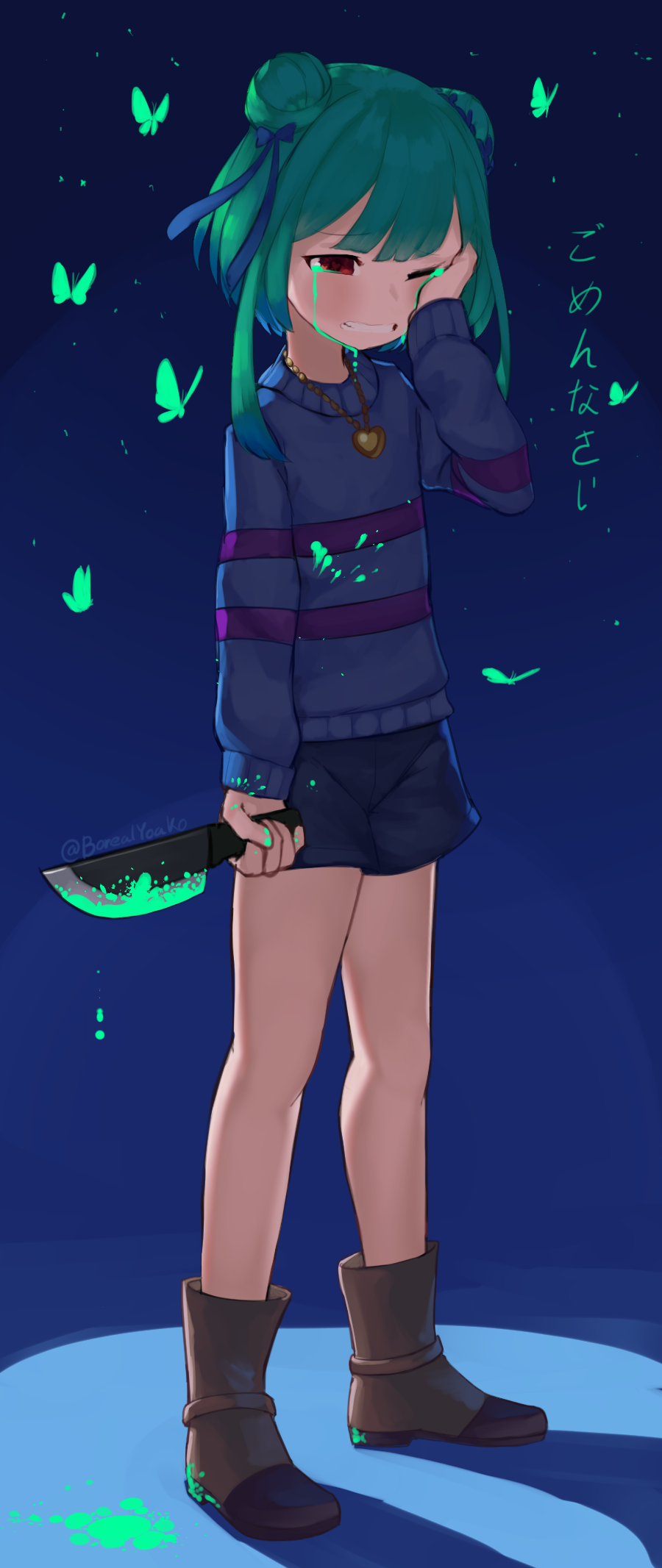 1girl ankle_boots bare_legs blood bloody_clothes bloody_weapon blue_sweater boots brown_footwear bug butterfly cosplay crying crying_with_eyes_open double_bun frisk_(undertale) frisk_(undertale)_(cosplay) green_blood green_butterfly green_hair grimace hair_ribbon heart heart_necklace highres holding holding_knife holding_weapon hololive insect knife long_sleeves red_eyes ribbon shadow short_hair short_shorts shorts solo standing sweater tears translated twitter_username undertale uruha_rushia weapon yoako