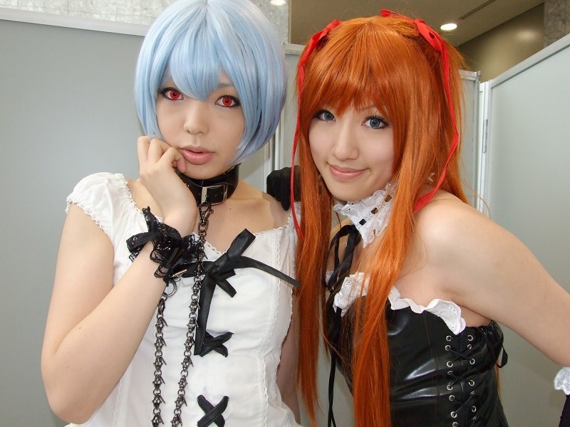 ayanami_rei blue_hair bustier cosplay elbow_gloves hair_ribbons lace leash lingerie namada neon_genesis_evangelion photo red_eyes ruffles saya souryuu_asuka_langley twintails