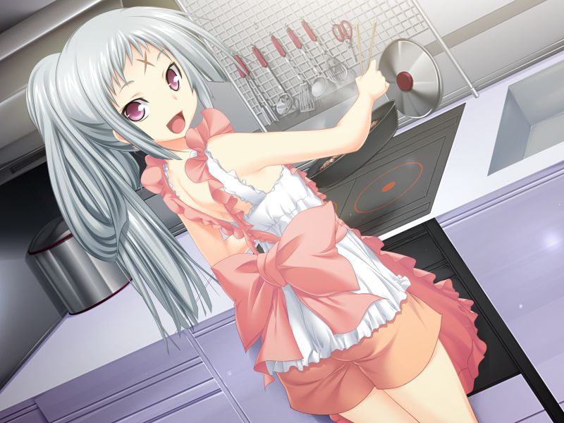 1girl :d apron back_bow bare_arms blush bow cowboy_shot dutch_angle game_cg grey_hair indoors kawagishi_keitarou kitchen kuki_monshiro long_hair looking_at_viewer looking_back maji_de_watashi_ni_koi_shinasai! orange_shorts pink_apron pink_bow ponytail red_eyes scar scar_on_face scar_on_forehead shiny shiny_hair shirt short_shorts shorts shoulder_blades sleeveless sleeveless_shirt smile solo very_long_hair white_shirt