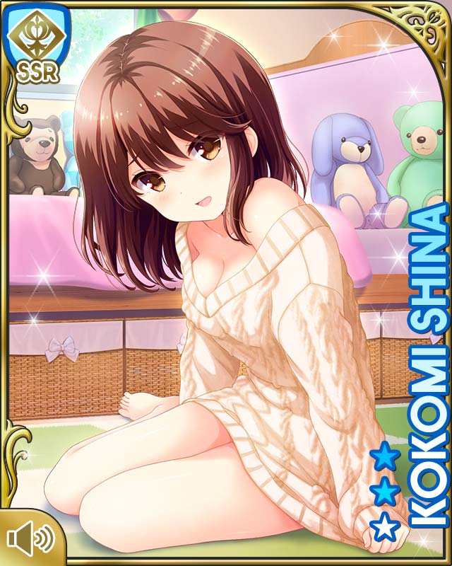 1girl barefoot bed breasts brown_eyes brown_hair character_name cleavage clothes_tug girlfriend_(kari) legs no_pants off_shoulder official_art on_floor open_mouth qp:flapper shiina_kokomi short_hair sitting smile solo stuffed_animal stuffed_toy sweater sweater_tug teddy_bear white_sweater