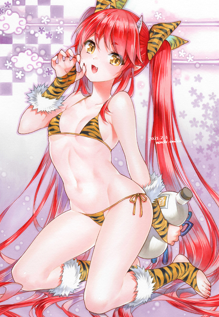 1girl animal_print bangs bikini blush breasts claw_pose collarbone dated eyebrows_visible_through_hair fang fingernails full_body fur-trimmed_legwear fur_trim gourd hair_between_eyes hair_ribbon holding horns long_hair looking_at_viewer marker_(medium) micro_bikini navel nordic_niku oni oni_horns open_mouth original pointy_ears red_nails redhead ribbon sharp_fingernails side-tie_bikini skindentation small_breasts smile solo swimsuit tiger_print toeless_legwear traditional_media twintails very_long_hair