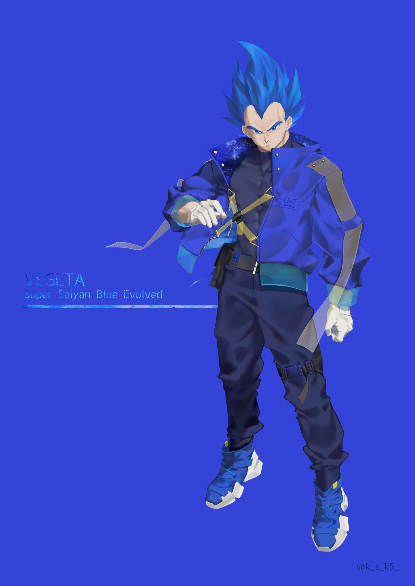 1boy alternate_costume blue_eyes blue_hair blue_jacket blue_pants blue_theme covered_abs dragon_ball dragon_ball_super full_body highres jacket ksuke_(k-taro31) looking_at_viewer male_focus mature_male open_clothes open_jacket pants pectorals shirt short_hair skin_tight solo super_saiyan super_saiyan_blue taut_clothes taut_shirt toned toned_male vegeta