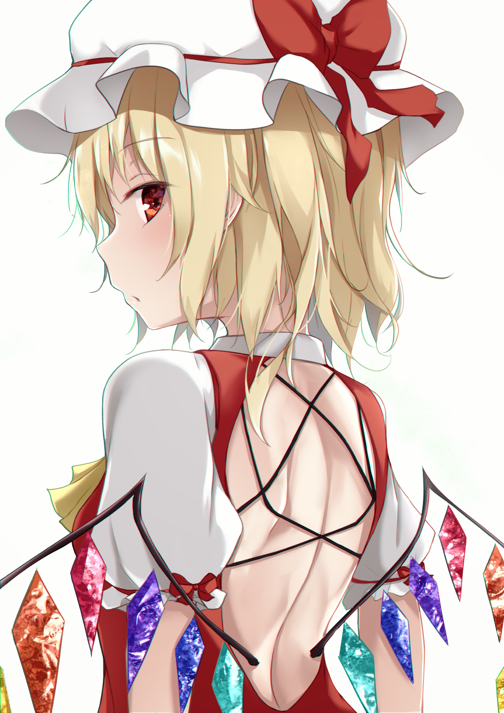 1girl back back_cutout bangs blonde_hair clothing_cutout commentary_request crystal eyebrows_visible_through_hair flandre_scarlet from_behind hat hat_ribbon highres kashiwagi_yamine looking_at_viewer looking_back mob_cap red_eyes red_ribbon red_vest ribbon shirt short_hair short_sleeves solo touhou vest white_shirt wings
