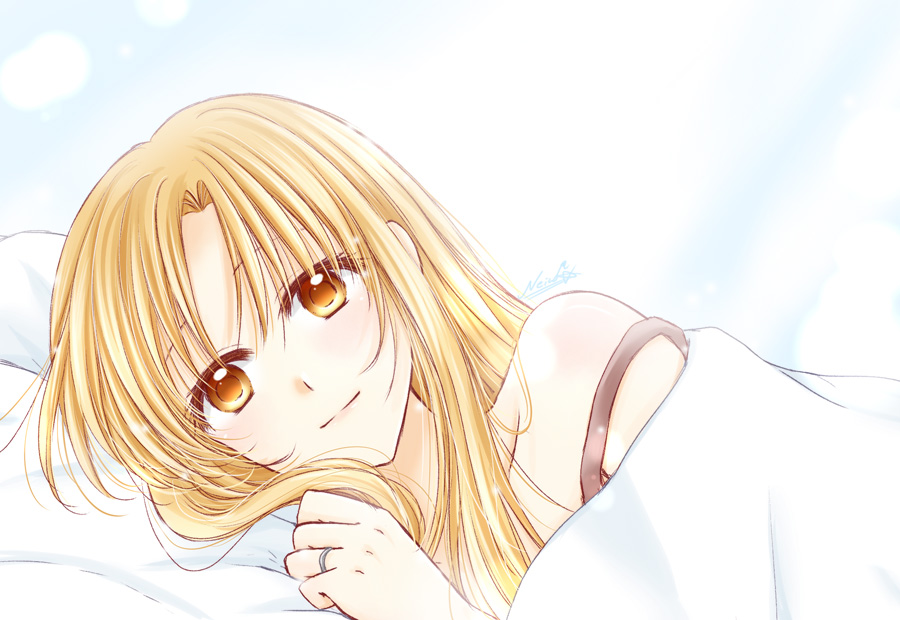 1girl asuna_(sao) bangs blonde_hair brown_eyes closed_mouth collarbone hair_between_eyes hair_down jewelry kanaoto_neiro long_hair looking_at_viewer lying off_shoulder on_side ring signature smile solo sword_art_online under_covers upper_body wedding_ring white_background