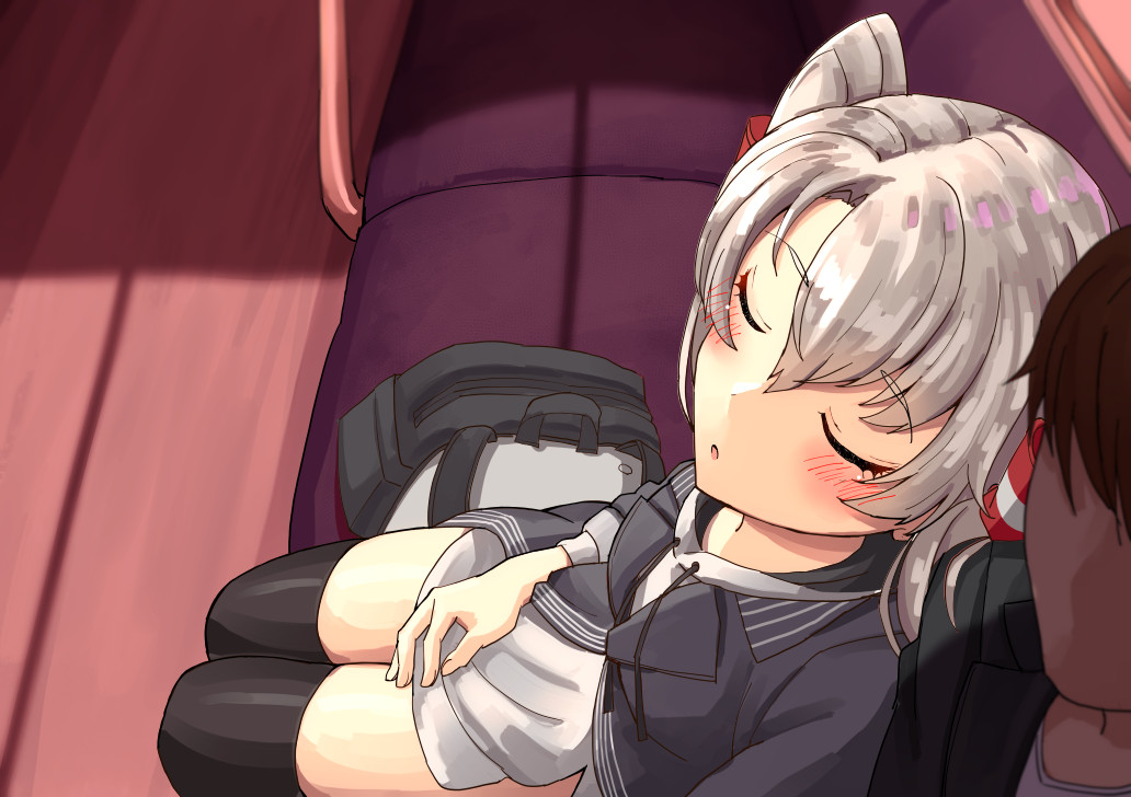 1boy 1girl amatsukaze_(kancolle) bag black_legwear chair coat dress faceless faceless_male grey_coat hair_tubes hood hooded_coat hooded_dress hoodie kantai_collection long_hair mayura2002 official_alternate_costume silver_hair sitting sleeping solo_focus thigh-highs train_interior two_side_up white_dress windsock