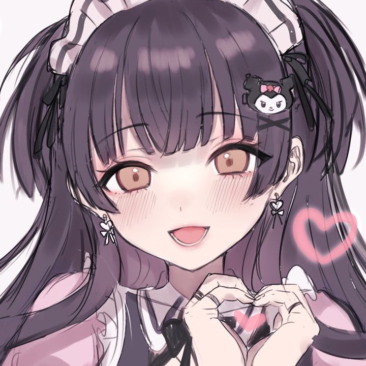 1girl :d bangs black_hair blunt_bangs blush eyebrows_visible_through_hair face heart heart_hands idolmaster idolmaster_shiny_colors long_hair looking_at_viewer mayuzumi_fuyuko open_mouth pink_eyes smile solo takio_(kani_sama) two_side_up white_background