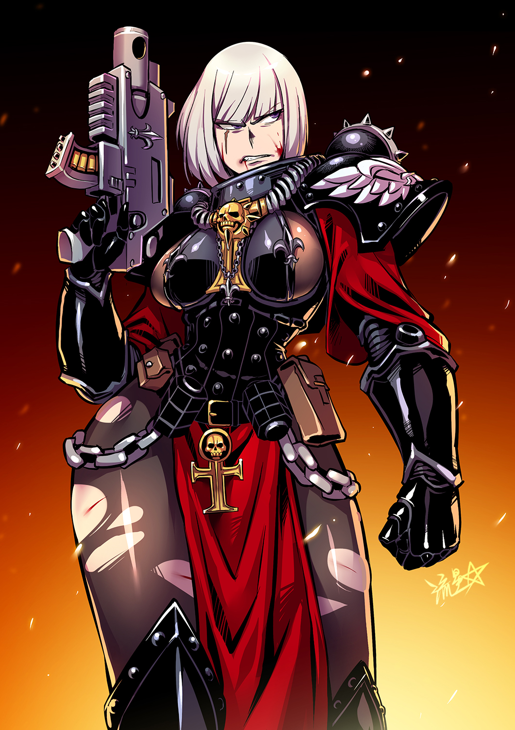 1girl adepta_sororitas armor blood blood_on_face bolt_pistol bolter chain cuts embers english_commentary eyebrows_visible_through_hair fleur_de_lis gun highres holding holding_gun holding_weapon injury leggings looking_to_the_side pauldrons pouch power_armor rosary ryuusei_(mark_ii) scar scar_across_eye shoulder_armor signature sister_of_battle skull solo torn_clothes torn_legwear warhammer_40k weapon white_hair