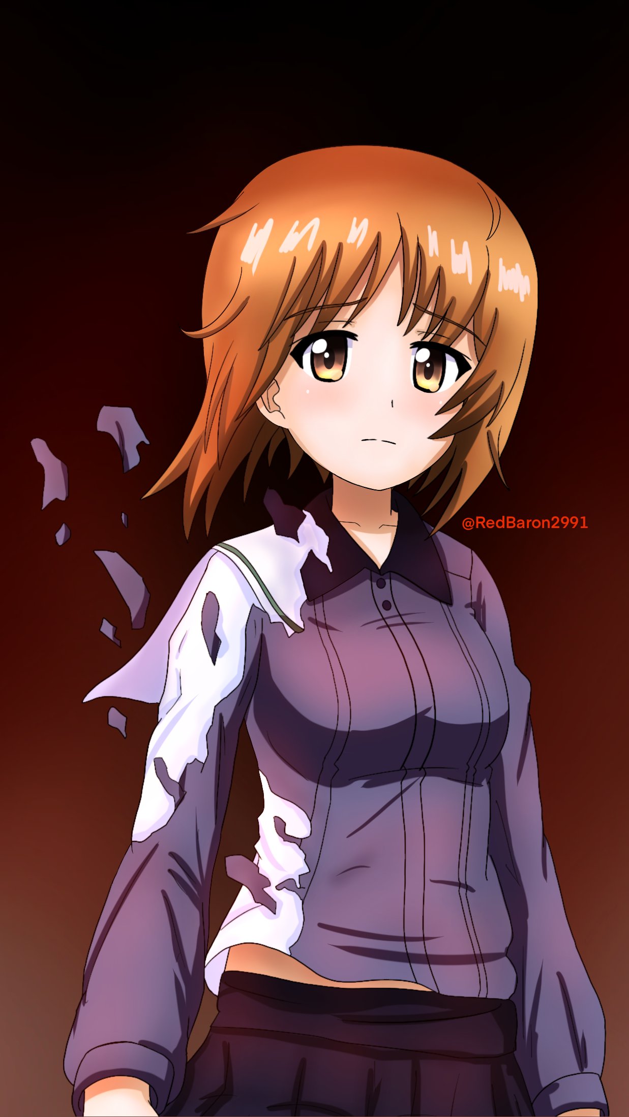 1girl bangs black_background black_skirt blouse brown_eyes brown_hair closed_mouth commentary dress_shirt eyebrows_visible_through_hair frown girls_und_panzer gradient gradient_background grey_shirt highres kuromorimine_school_uniform long_sleeves looking_at_viewer nishizumi_miho ooarai_school_uniform pleated_skirt red_background redbaron sailor_collar school_uniform serafuku shirt short_hair skirt solo standing twitter_username white_blouse white_sailor_collar wing_collar