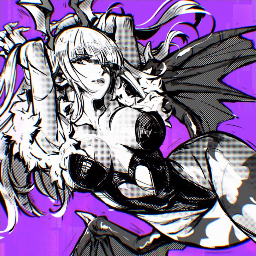 1girl animal_print armpits arms_up bangs bat_print blunt_bangs clothing_cutout demon_wings head_wings heart_cutout highleg highleg_leotard james_ghio leotard long_hair looking_down monochrome morrigan_aensland pantyhose parted_lips pose print_legwear purple_background solo spot_color vampire_(game) wings