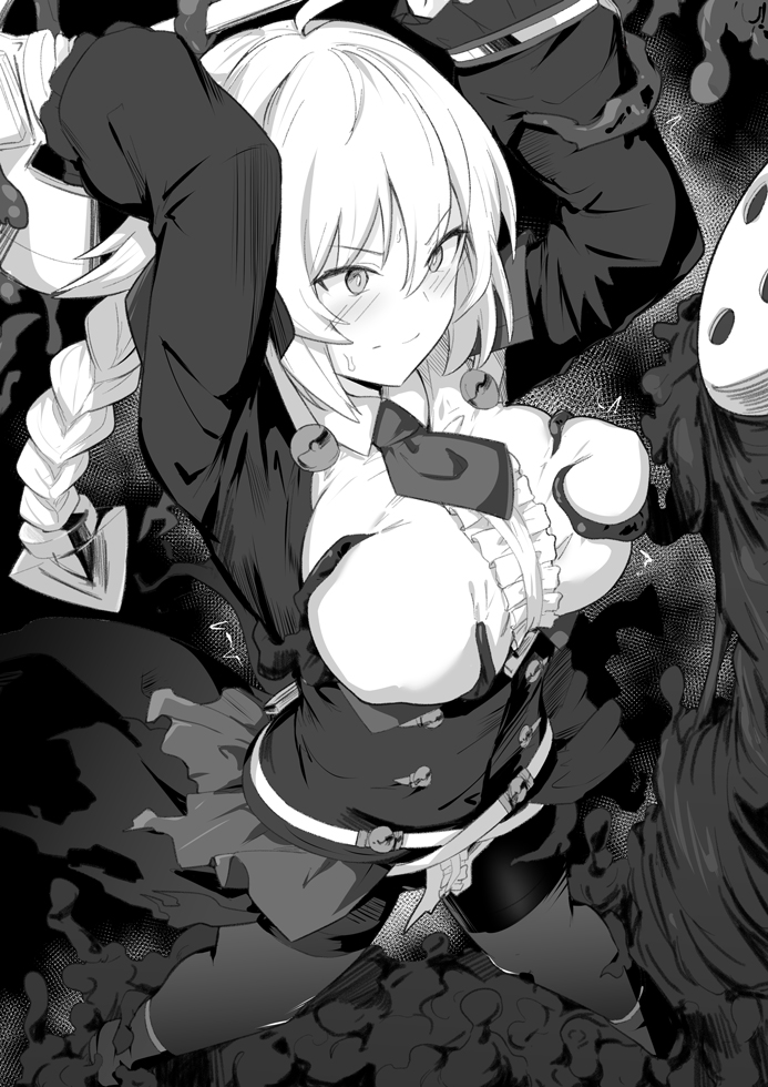 1girl ahoge arms_behind_head arms_up bangs blazblue blush braid breasts center_frills es_(xblaze) frills greyscale huge_ahoge large_breasts long_hair long_sleeves monochrome shiseki_hirame single_braid skirt underbust white_background xblaze