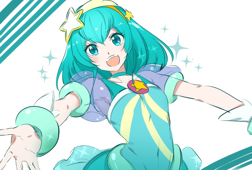 1girl :d aqua_choker aqua_hair aqua_skirt armpits bangs blue_eyes collarbone covered_navel cure_milky eyebrows_visible_through_hair hair_between_eyes hair_ornament hairband long_hair miniskirt open_mouth outstretched_arms outstretched_hand precure see-through shiny shiny_hair short_sleeves sketch skirt smile solo star_(symbol) star_hair_ornament star_twinkle_precure tashiro_tetsuya yellow_hairband