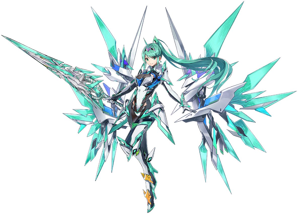 1girl armor bangs blush breasts chest_jewel earrings eyebrows_visible_through_hair full_body gem gloves green_eyes green_hair hair_ornament headpiece high_heels jewelry large_breasts long_hair long_ponytail looking_at_viewer official_art pneuma_(xenoblade) ponytail saitou_masatsugu simple_background smile solo super_smash_bros. swept_bangs sword tiara very_long_hair weapon wings xenoblade_chronicles_(series) xenoblade_chronicles_2