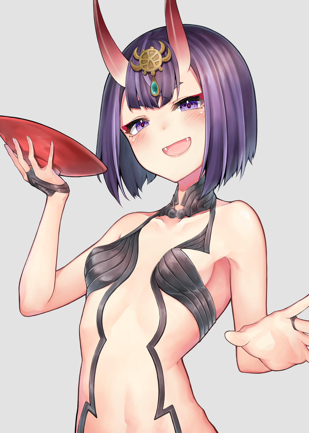 1girl bangs bare_shoulders blush bob_cut breasts bridal_gauntlets collarbone cup eyeliner fate/grand_order fate_(series) headpiece highres horns kamidanomi looking_at_viewer makeup navel oni oni_horns open_mouth purple_hair revealing_clothes sakazuki short_hair shuten_douji_(fate) skin-covered_horns small_breasts smile violet_eyes
