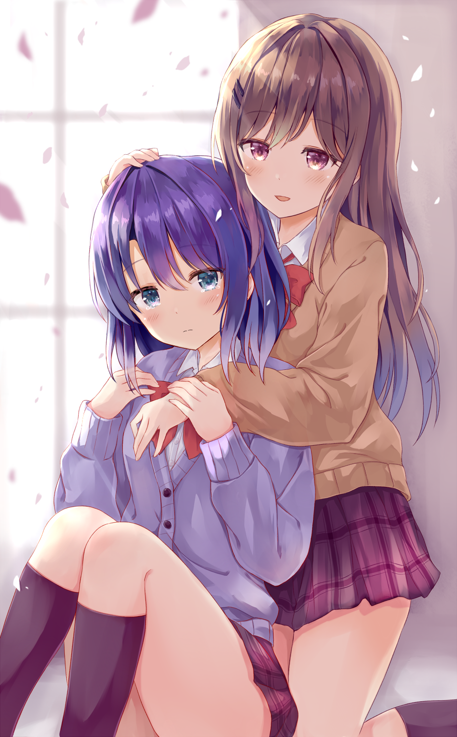 2girls :d adachi_sakura adachi_to_shimamura black_legwear blue_eyes blue_hair blush bow brown_hair brown_sweater cardigan closed_mouth collared_shirt commentary_request dress_shirt feet_out_of_frame hair_ornament hairclip hand_on_another's_head hand_up highres kneehighs kneeling knees_up long_hair long_sleeves mizumidori multiple_girls open_mouth petals plaid plaid_skirt pleated_skirt purple_cardigan purple_skirt red_bow school_uniform shimamura_hougetsu shirt sitting skirt sleeves_past_wrists smile sweater very_long_hair violet_eyes white_shirt window