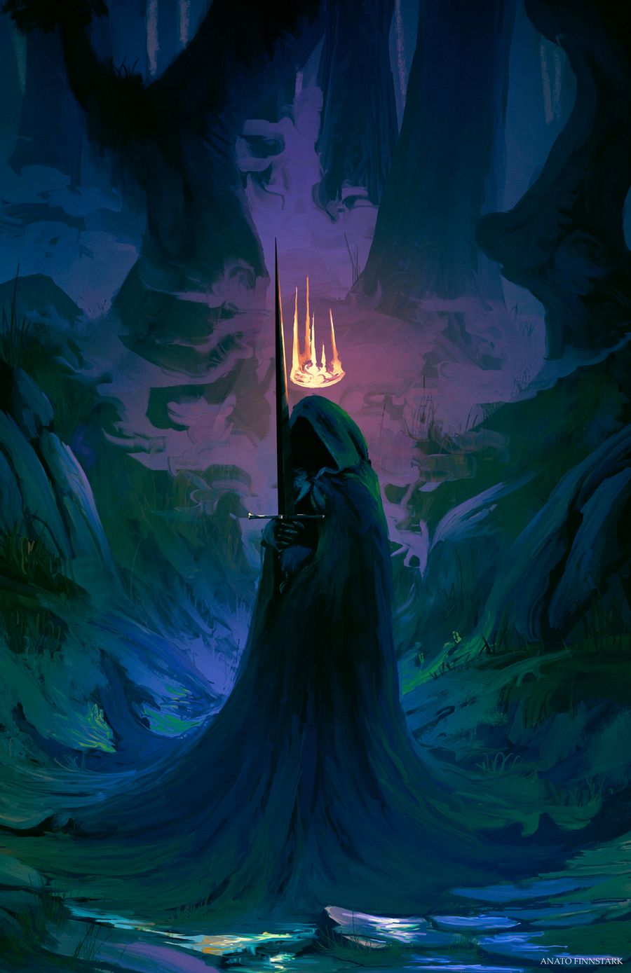 1boy anatofinnstark black_cloak cloak crown floating floating_object forest highres holding holding_sword holding_weapon hood hood_up hooded_cloak lord_of_the_rings male_focus nature nazgul night outdoors scenery solo standing sword tree weapon