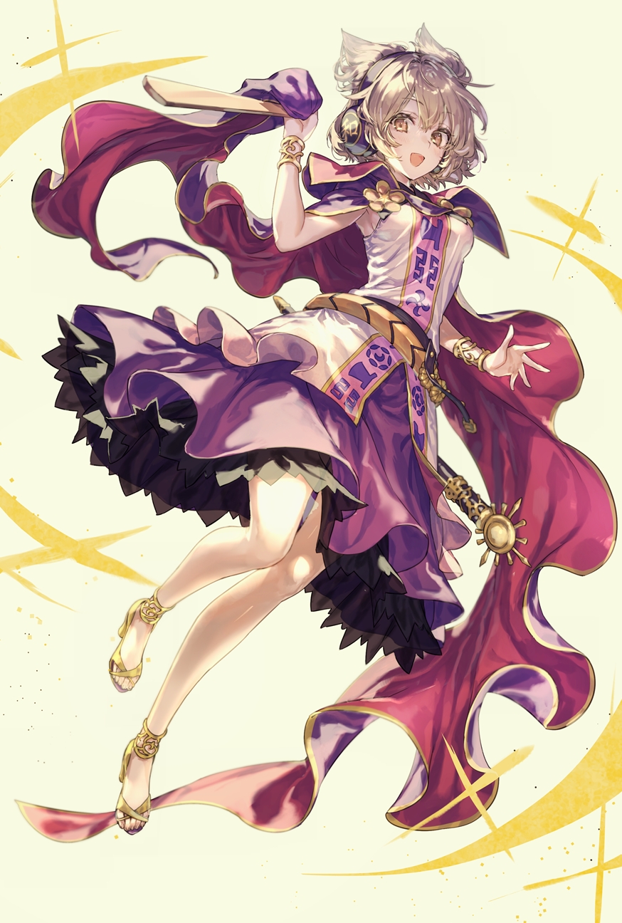 1girl :d akizuki_haruhi anklet bangs belt black_belt black_sailor_collar blonde_hair blouse bracelet breasts cape earmuffs eyebrows_visible_through_hair gold highres holding holding_cape holding_carton jewelry looking_at_viewer open_mouth pointy_hair purple_cape purple_skirt ritual_baton sailor_collar sandals sepia_background sheath short_hair skirt sleeveless_blouse small_breasts smile solo sword touhou toyosatomimi_no_miko weapon yellow_eyes