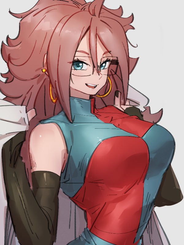 1girl android_21 blue_eyes breasts checkered checkered_dress dragon_ball dragon_ball_fighterz dress earrings glasses grey_background hair_between_eyes hoop_earrings jewelry kemachiku labcoat long_hair looking_at_viewer medium_breasts open_mouth redhead simple_background smile solo