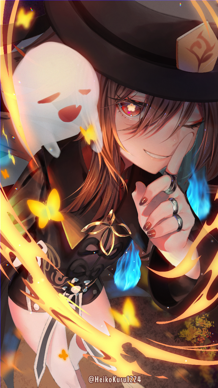 1girl artist_name black_coat black_headwear black_shorts brown_hair bug butterfly coat genshin_impact ghost hat hat_ornament heikokuru1224 highres hu_tao insect jewelry looking_at_viewer nail_polish red_eyes ring shorts solo symbol-shaped_pupils yellow_butterfly