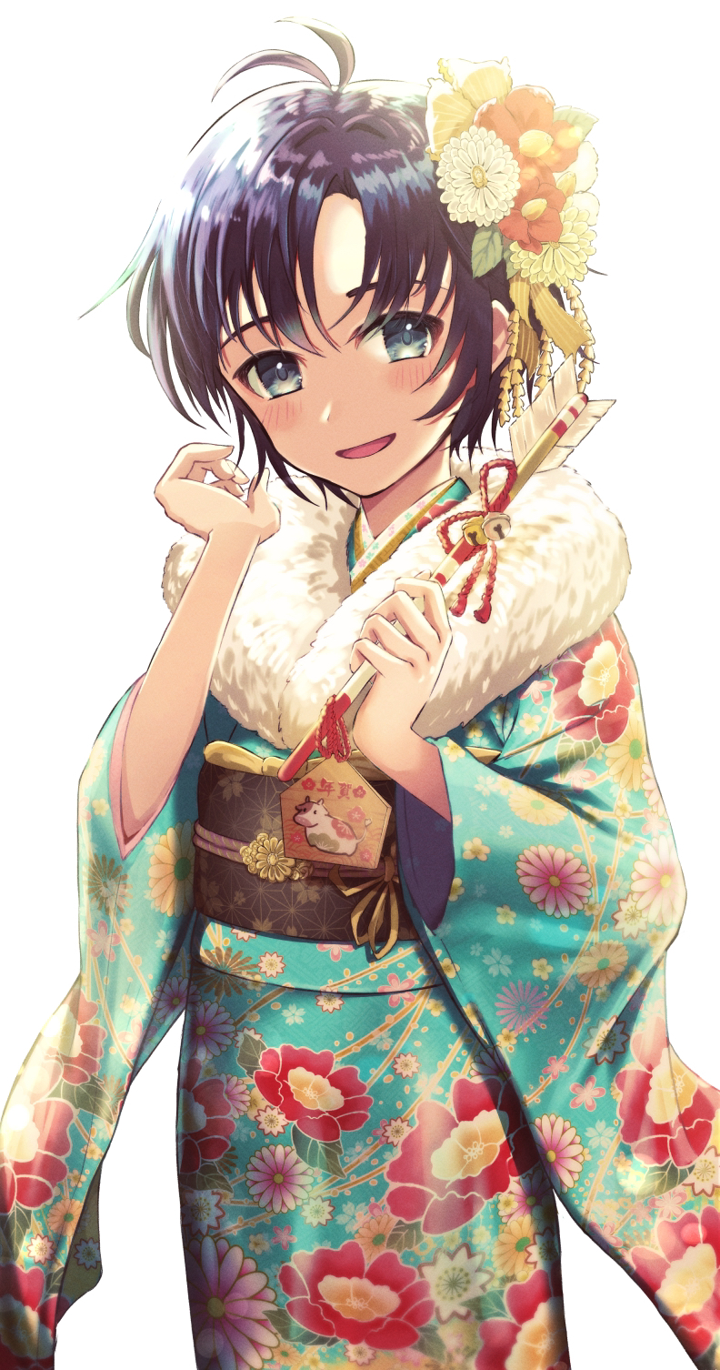 1girl akeome antenna_hair arrow_(projectile) black_hair chinese_zodiac cow floral_print flower hair_flower hair_ornament happy_new_year highres idolmaster idolmaster_(classic) japanese_clothes kikuchi_makoto kimono miyagi new_year short_hair smile solo year_of_the_ox yukata