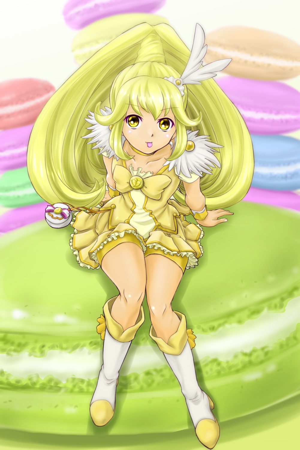 1girl :p back boots bow choker collarbone cookie cure_peace food from_above full_body hair_flaps hair_ornament highres kise_yayoi long_hair looking_at_viewer looking_up macaron magical_girl makkiusagi pastry precure puffy_short_sleeves puffy_sleeves short_sleeves shorts shorts_under_skirt skirt smile_precure! solo sweets tongue tongue_out wide_ponytail yellow_bow yellow_choker yellow_shorts yellow_skirt