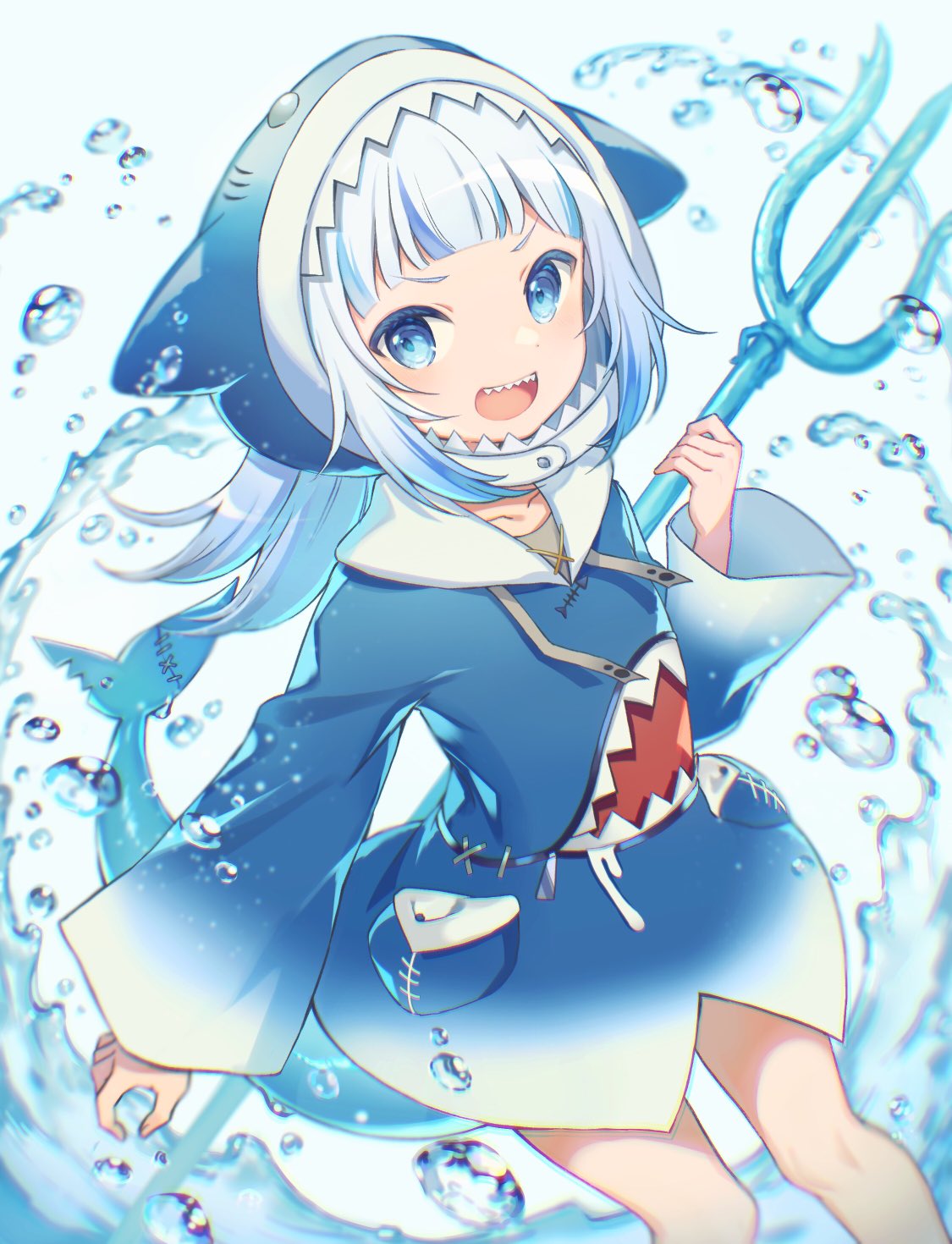 1girl :d animal_hood bangs blue_eyes blue_hair blue_hoodie blunt_bangs blush choke_(amamarin) dutch_angle fish_tail gawr_gura hair_ornament highres holding holding_weapon hololive hololive_english hood hoodie long_hair long_sleeves looking_at_viewer multicolored_hair open_mouth polearm shark_girl shark_hair_ornament shark_hood shark_tail sharp_teeth silver_hair smile solo streaked_hair symbol_commentary tail teeth trident two_side_up virtual_youtuber water weapon wide_sleeves