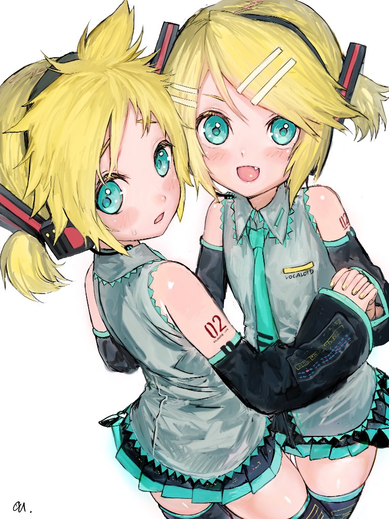 1boy 1girl aqua_eyes aqua_neckwear bangs bare_shoulders black_legwear black_skirt black_sleeves blonde_hair blush commentary copyright_name cosplay cowboy_shot detached_sleeves fang from_above from_behind grey_shirt hair_ornament hairclip hatsune_miku hatsune_miku_(cosplay) headphones headset holding_hands kagamine_len kagamine_rin korpokkur_kne light_smile looking_at_viewer miniskirt nail_polish necktie open_mouth pleated_skirt shirt short_hair short_twintails shoulder_tattoo skindentation skirt sleeveless sleeveless_shirt spiky_hair standing swept_bangs tattoo thigh-highs twintails vocaloid yellow_nails zettai_ryouiki