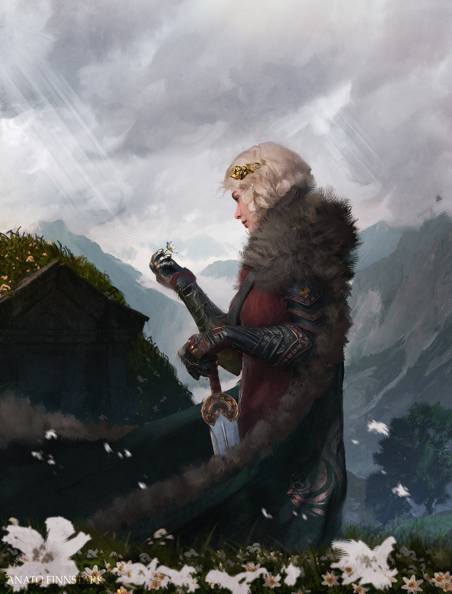 1girl anatofinnstark artist_name crown day eowyn flower from_side fur-trimmed_jacket fur_trim gauntlets grave holding holding_flower holding_sword holding_weapon jacket lord_of_the_rings outdoors profile scenery short_hair solo standing sword tree weapon white_flower