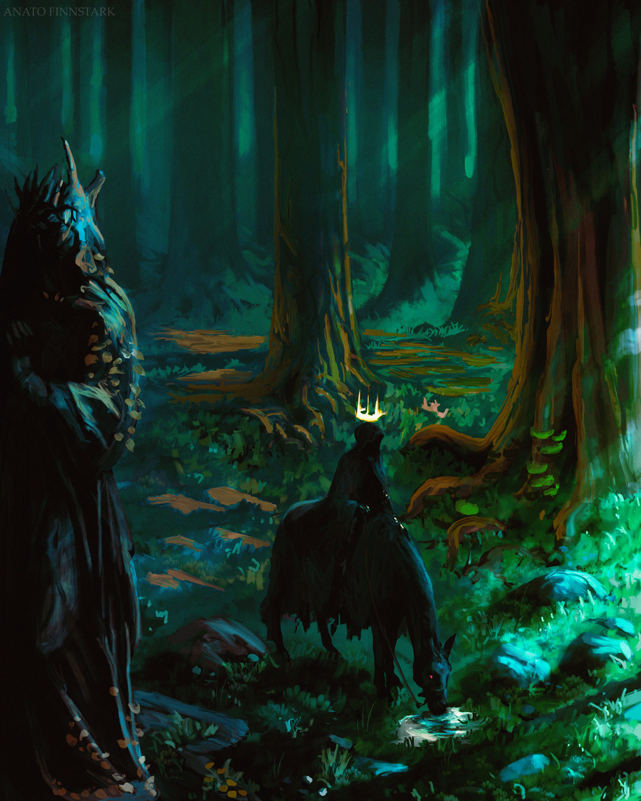 1boy anatofinnstark artist_name black_cloak cloak crown floating floating_object forest glowing glowing_eye grass hood hood_up hooded_cloak horse lord_of_the_rings nature nazgul night outdoors red_eyes riding scenery sitting statue tree