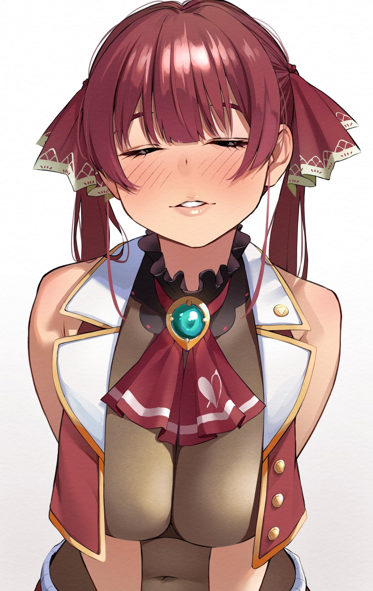 1girl ascot bangs bare_shoulders blush breasts closed_eyes covered_navel gradient gradient_background grey_background hair_ribbon hanging_breasts highres hololive houshou_marine igarashi_kyouhei incoming_kiss large_breasts leaning_forward parted_lips red_neckwear red_ribbon redhead ribbon shiny shiny_hair sidelocks simple_background sleeveless solo upper_body virtual_youtuber white_background
