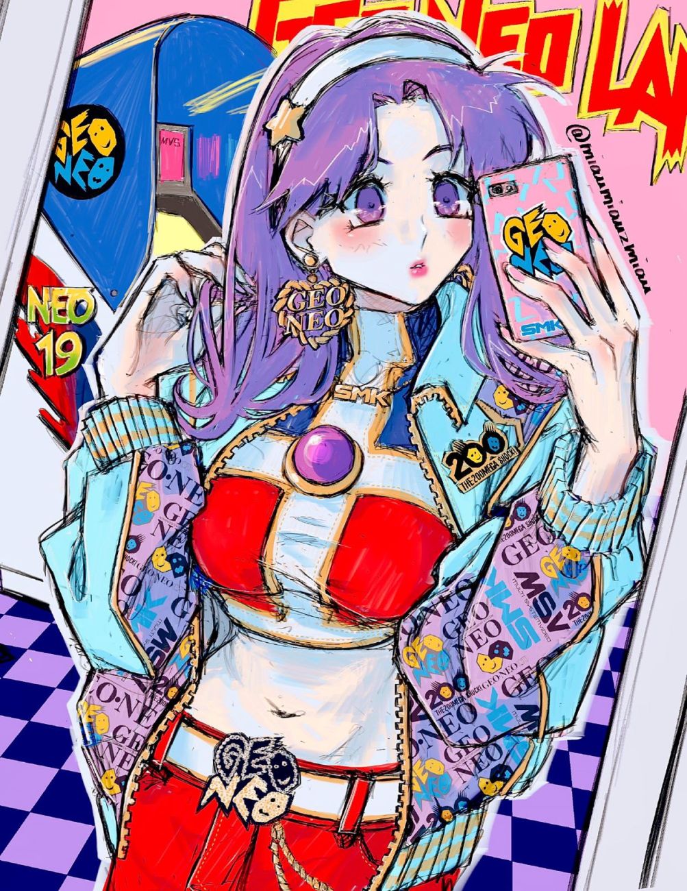 1girl arcade_cabinet asamiya_athena belt blush brand_name_imitation breasts checkered checkered_floor crop_top earrings eyebrows_behind_hair fingernails hair_intakes hairband hand_in_hair hands_up highres holding holding_phone jacket jewelry long_hair long_sleeves medium_breasts multicolored multicolored_nails nail_polish navel open_clothes open_jacket outline parted_lips phone pink_lips pink_nails poririna purple_hair purple_nails solo star_(symbol) the_king_of_fighters turtleneck twitter_username unzipped violet_eyes white_belt white_hairband white_outline zipper