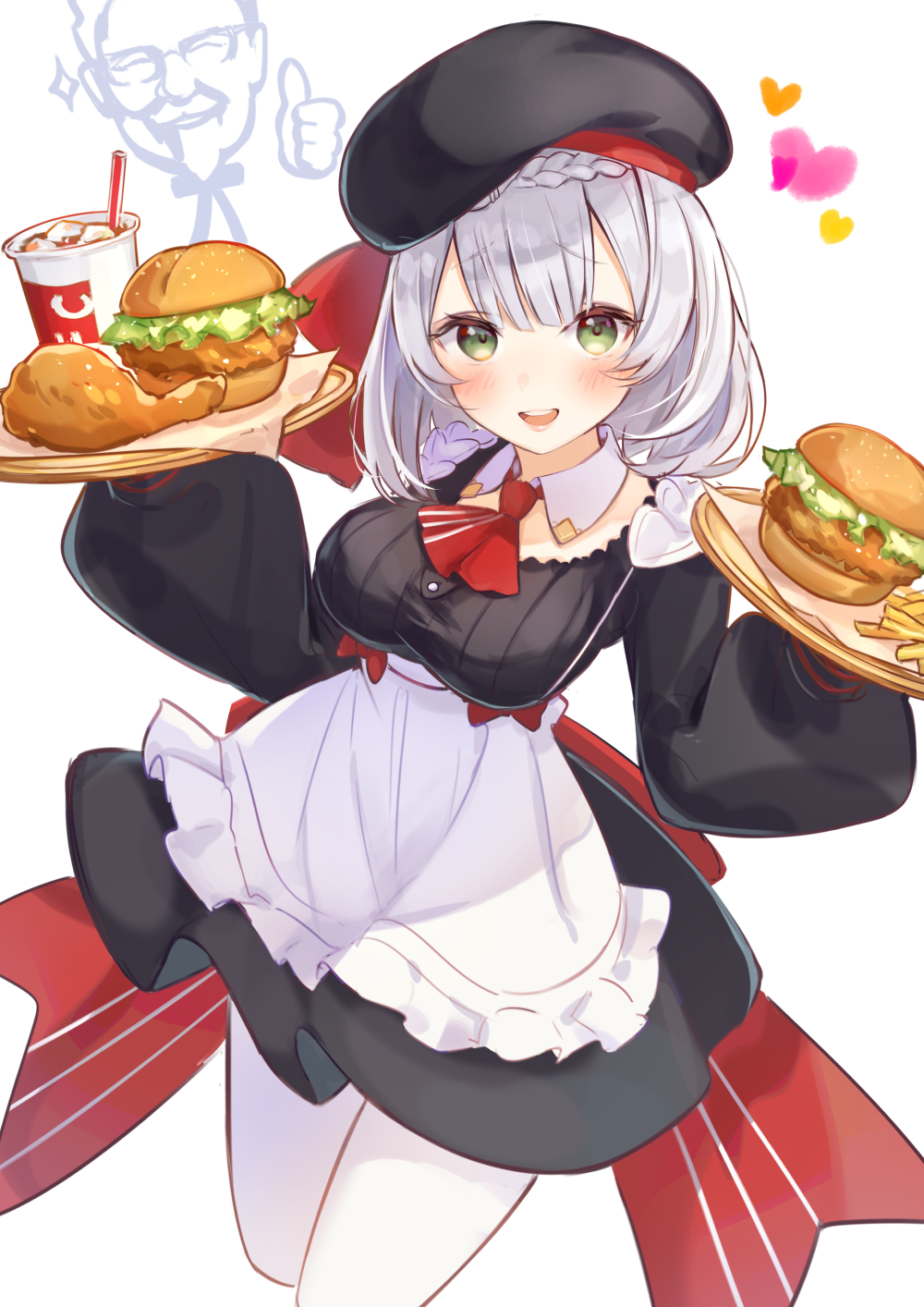 1girl brat character_request colonel_sanders food fried_chicken genshin_impact hamburger highres holding holding_tray kfc looking_at_viewer simple_background solo tray white_background