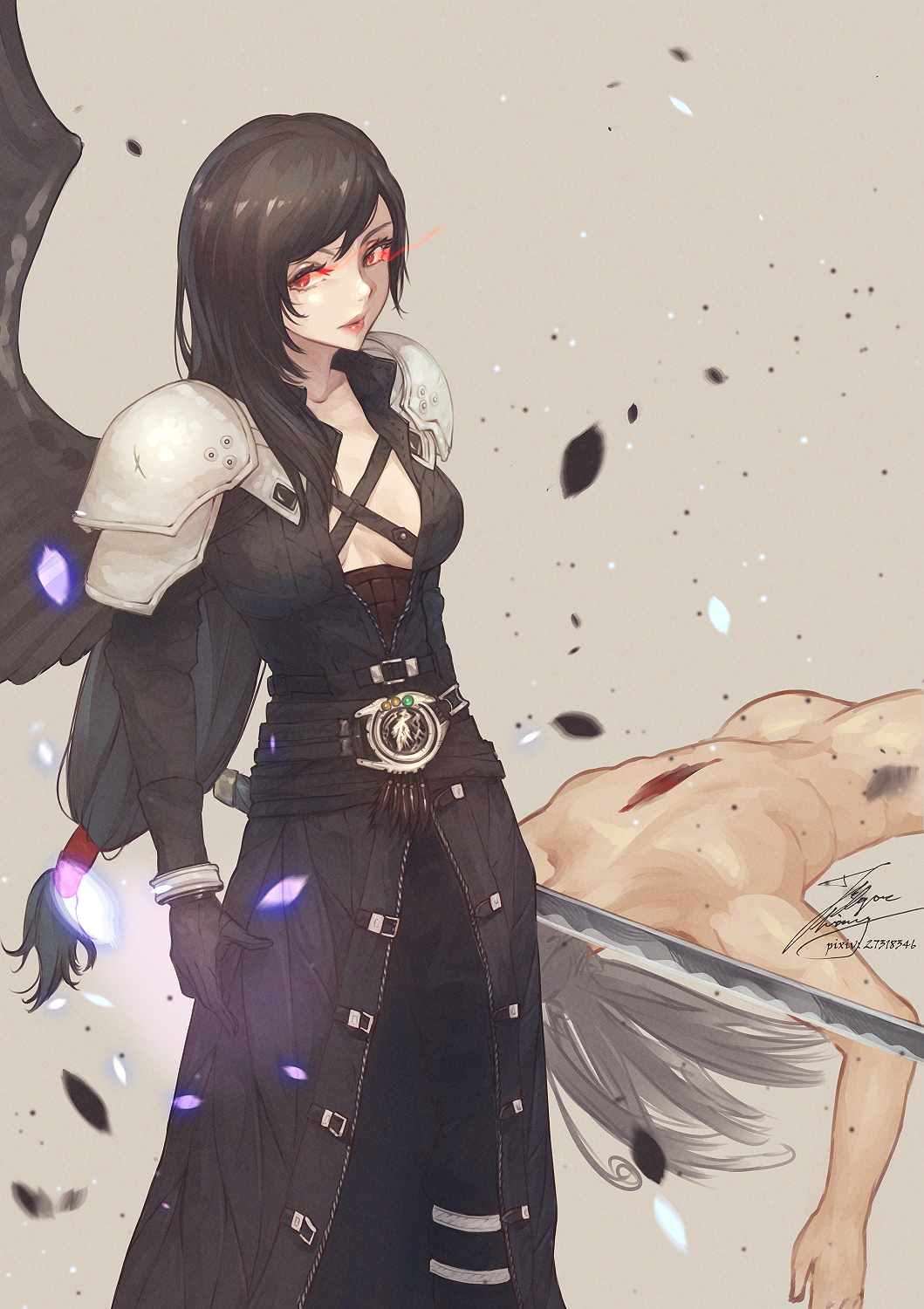 1boy 1girl armor black_gloves black_hair black_wings breasts center_opening cosplay death fadingz feathered_wings feet_out_of_frame final_fantasy final_fantasy_vii final_fantasy_vii_remake gloves glowing glowing_eyes highres holding holding_sword holding_weapon lips long_hair lying masamune_(ffvii) medium_breasts murder on_stomach pixiv_id red_eyes sephiroth sephiroth_(cosplay) shoulder_armor signature simple_background single_wing sword tan_background tifa_lockhart very_long_hair weapon wings