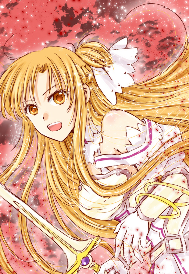 1girl :d armor asuna_(stacia) bangs blonde_hair bracelet braid breastplate detached_sleeves floating_hair french_braid from_side gloves hair_between_eyes holding holding_sword holding_weapon jewelry kanaoto_neiro long_hair open_mouth red_sky shiny shiny_hair sky smile solo sword sword_art_online very_long_hair weapon white_gloves white_sleeves yellow_eyes