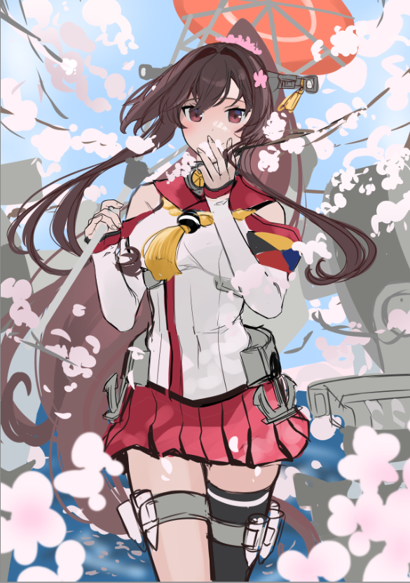 1girl anchor black_legwear brown_hair cherry_blossoms cowboy_shot headgear kantai_collection long_hair machinery oil-paper_umbrella pleated_skirt ponytail red_skirt single_thighhigh skirt solo thigh-highs umbrella yamato_(kancolle) yunamaro