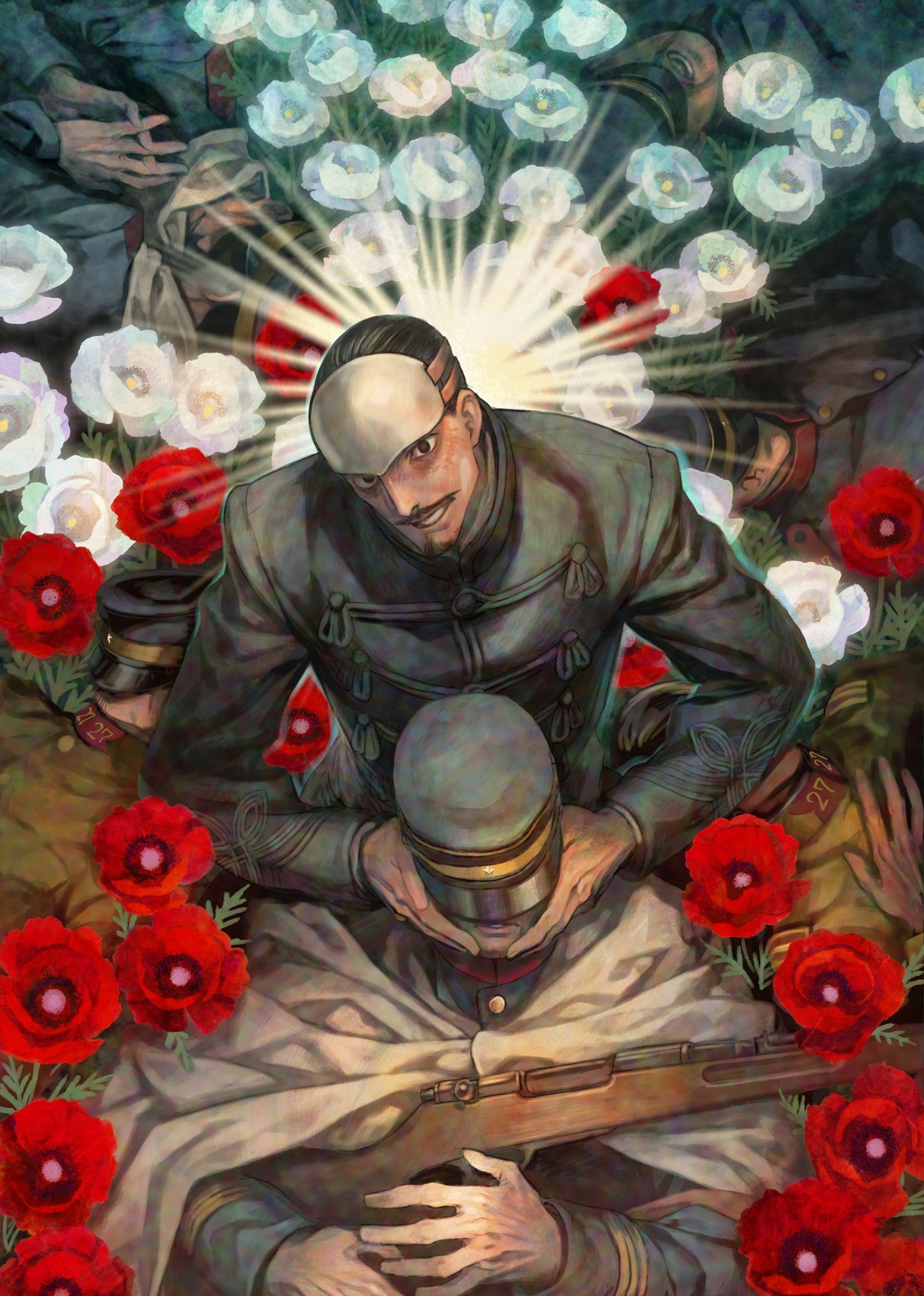 6+boys azuma_tou black_gloves black_hair cape corpse facial_hair flower forehead_protector gloves goatee golden_kamuy hair_slicked_back hanazawa_yusaku hat highres kepi long_sleeves looking_at_viewer male_focus military military_hat military_uniform multiple_boys mustache red_flower saiki_keita tsurumi_tokushirou uniform white_flower