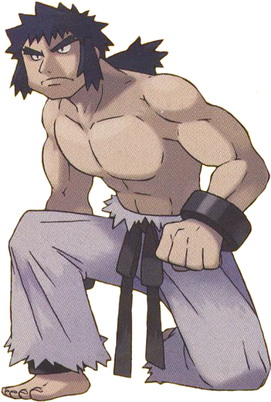 1boy barefoot black_eyes black_hair bruno_(pokemon) clenched_hand closed_mouth collarbone elite_four frown full_body grey_pants kneeling long_hair long_sideburns male_focus muscular muscular_male official_art pants pokemon pokemon_(game) pokemon_frlg ponytail solo sugimori_ken tied_hair toes transparent_background
