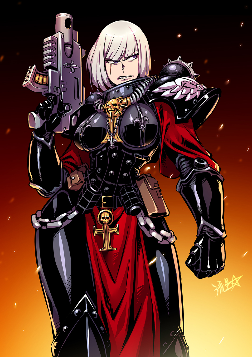 1girl adepta_sororitas armor bolt_pistol bolter chain embers english_commentary eyebrows_visible_through_hair fleur_de_lis gun highres holding holding_gun holding_weapon looking_to_the_side pauldrons pouch power_armor rosary ryuusei_(mark_ii) scar scar_across_eye shoulder_armor signature sister_of_battle skull solo warhammer_40k weapon white_hair