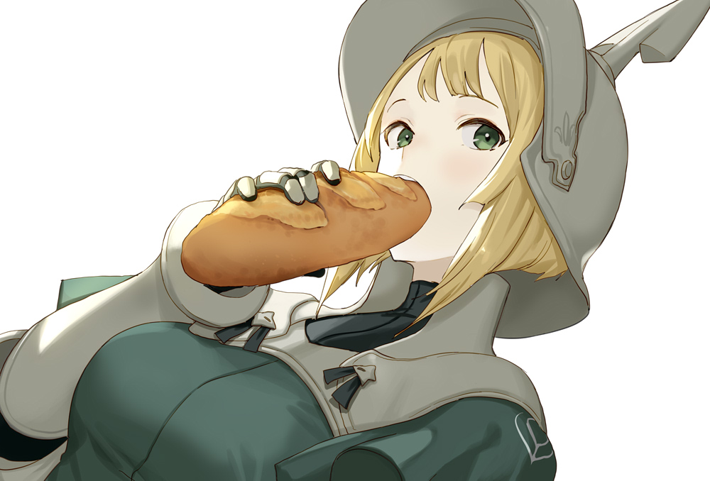 1girl baguette blonde_hair bob_cut bread breasts dutch_angle eating food gauntlets green_eyes helmet holding holding_food inverted_bob km_yama looking_at_viewer medium_breasts open_mouth original picket_with_iron_hat_(km_yama) simple_background solo symbol_commentary upper_body white_background